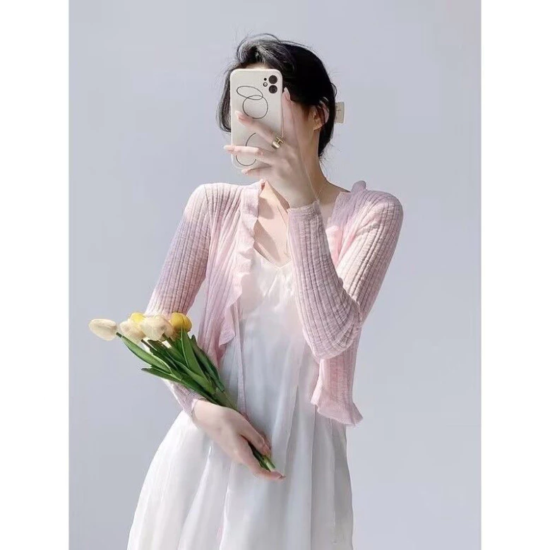 Áo Khoác Cardigan Dệt Kim Mỏng Thoáng Mát Có Dây Cột Viền Bèo Tay Dài Mẫu Mới 2024 | Thảo Chi