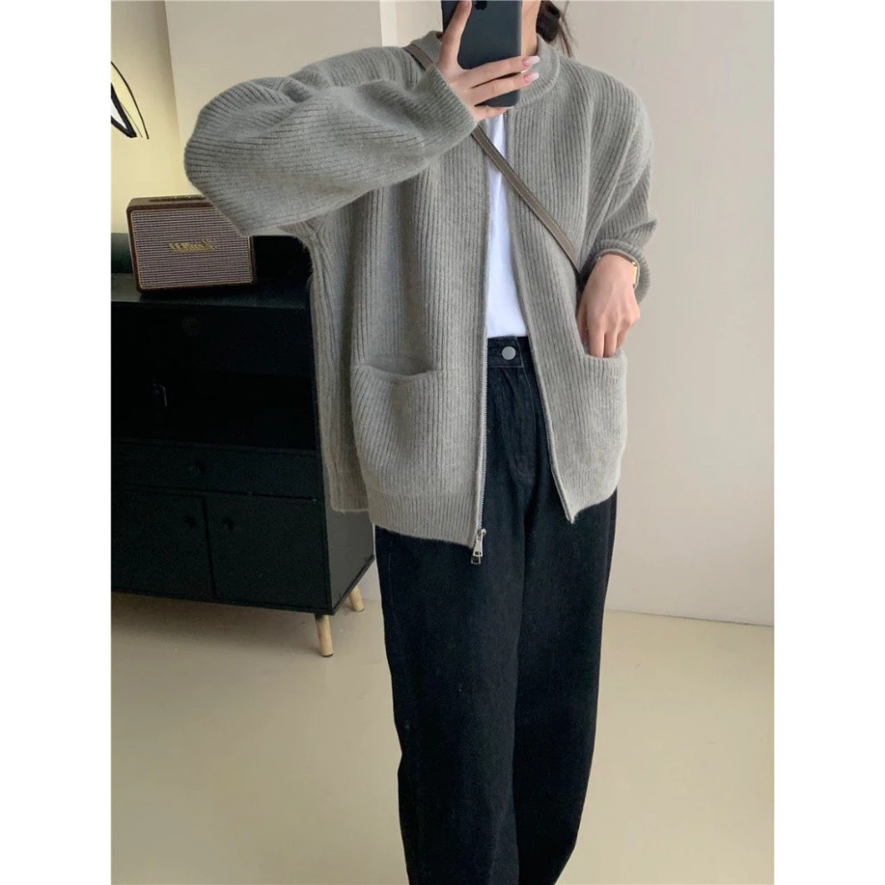 Áo Khoác Len Cardigan Dáng Vừa, 2 Chiều Kéo, Tay Dài Có 2 Túi Phong Cách Thời Trang Mùa Thu Đông