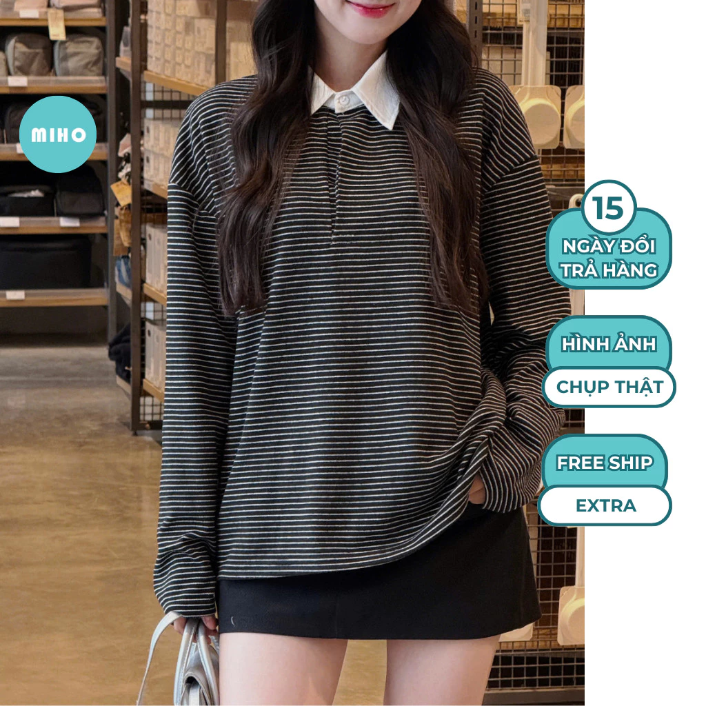 Áo Thun Kẻ Cổ Sơ Mi Dáng Rộng Chất Cotton Mềm Miho House