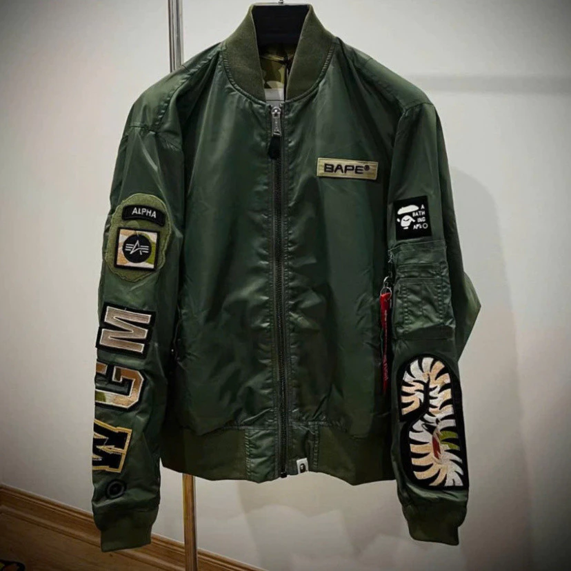 [HOT*] Áo Khoác Bomber Cá Mập Bape Xanh Rêu KCloset - Dù 2 Lớp Chống Gió Dày Dặn, Phong Cách Rộng Cho Nam Nữ NA974
