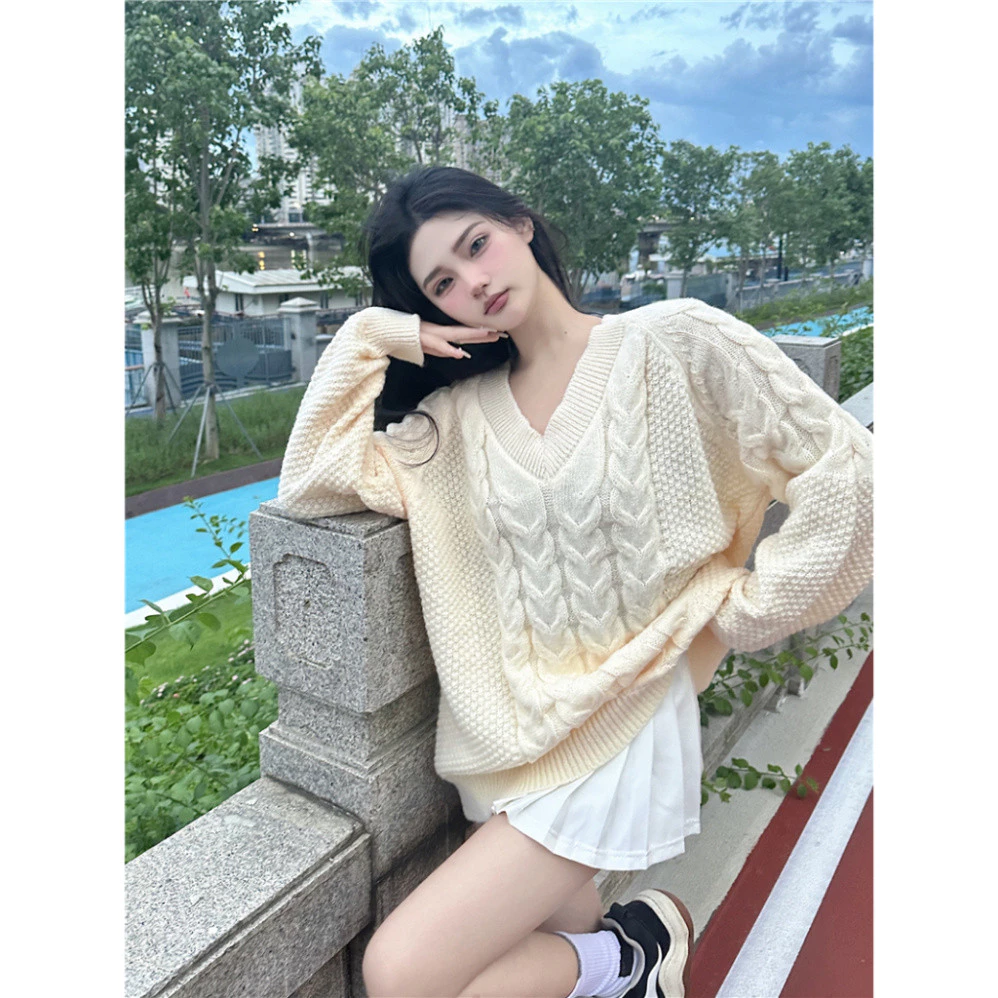 Áo len nữ INFLACHI vặn thừng form dáng rộng cổ V dài tay kiểu Hàn Quốc siêu ấm dễ phối đồ hàng Quảng Châu MN0923-034