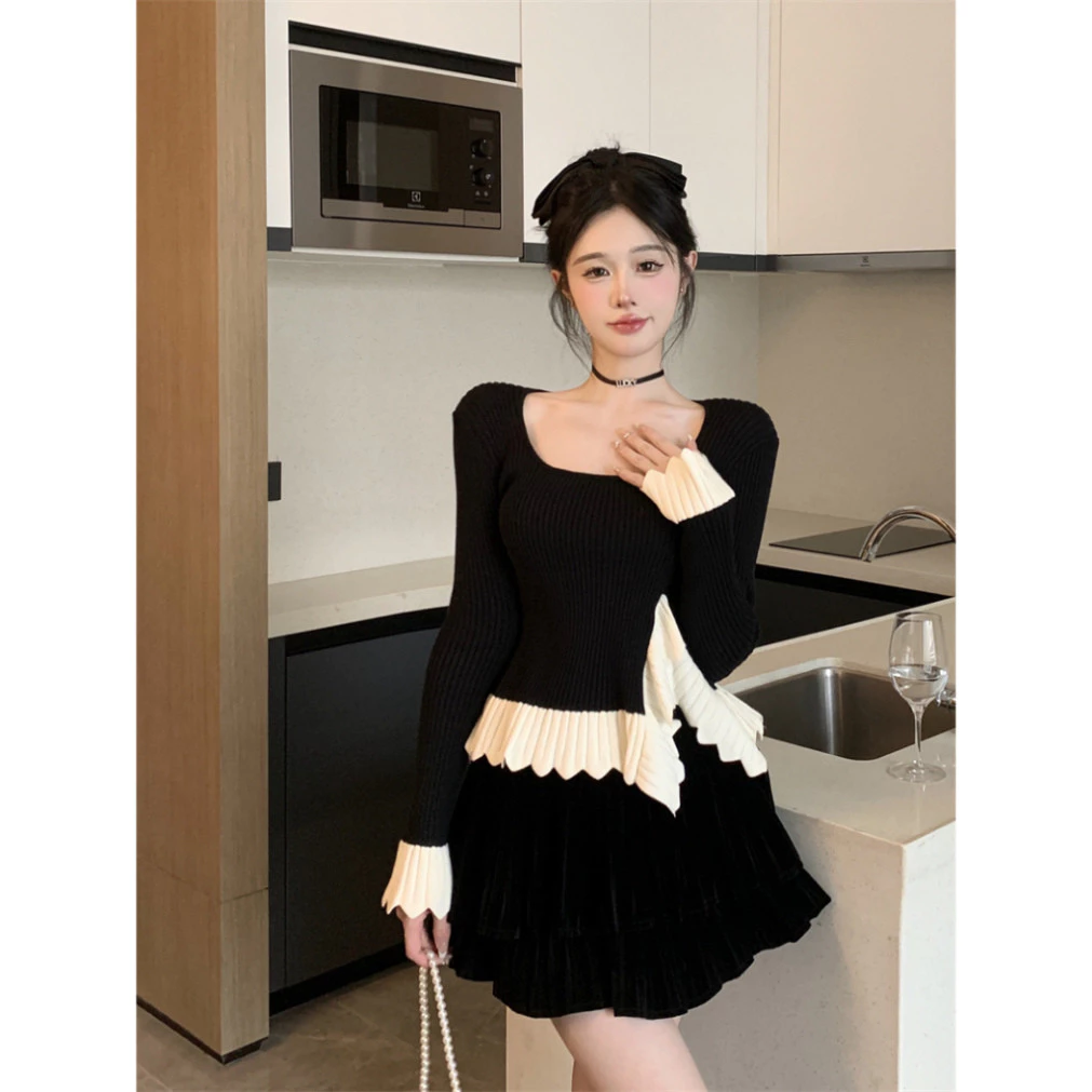 Áo len dài tay INFLACHI nữ tiểu thư áo dệt kim nhún bèo xinh xắn xẻ tà  sang chảnh kiểu Hàn Quốc hottrend MN0923-043