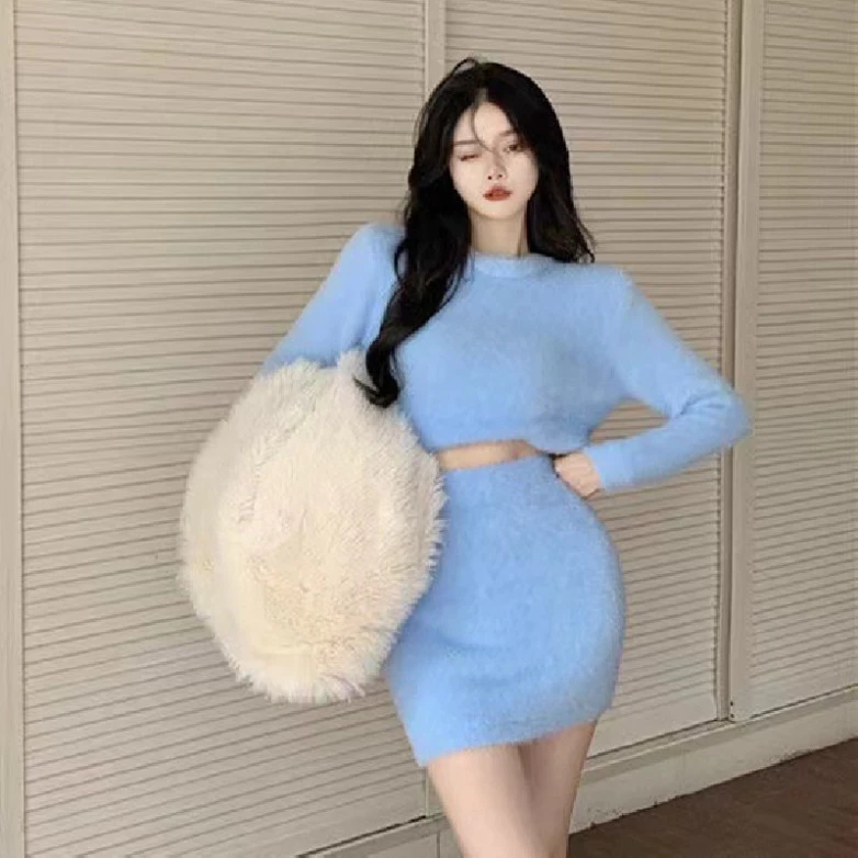 Set váy len lông thỏ croptop INFLACHI dáng ngắn kèm chân váy cạp cao tôn dáng tiểu thư Hàn Quốc MN0923-011
