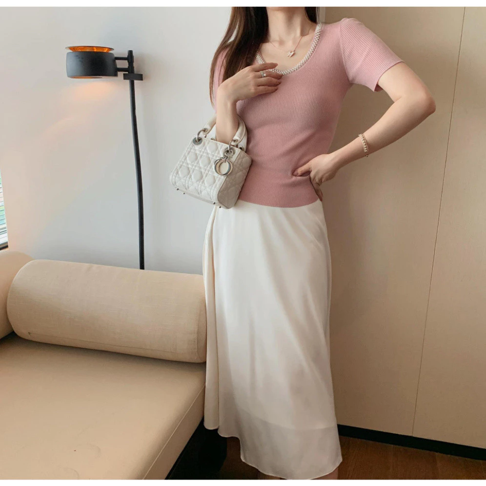Áo len cho nữ ngắn tay áo dệt kim cổ tròn đính ngọc sang chảnh co giãn trẻ trung thanh lịch kiểu Hàn Quốc 248317 A4