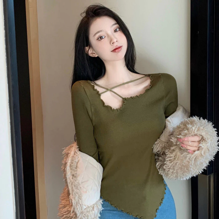 Áo len dài tay cho nữ INFFLACHI dệt kim mongtoghi thiết kế kiểu tiểu thư cổ lệch bánh bèo cổ đan dây M134 N-3 T12T4