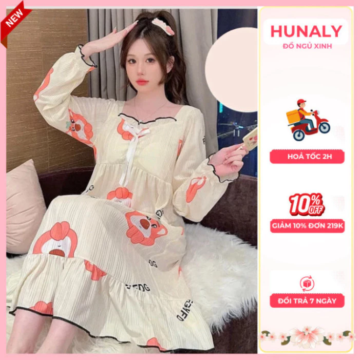 Đầm ngủ nhà nữ họa tiết hoạt hình dễ thương cho bầu bigsize phong cách tiểu thư Nhật Bản D014 T9T4 K01 mềm mại.