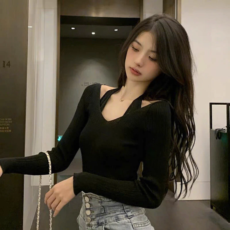 Áo sweater len dài tay INFLACHI dệt kim cổ yếm hở vai buộc dây dáng ôm body thời trang quyến rũ sexy phong cách N41