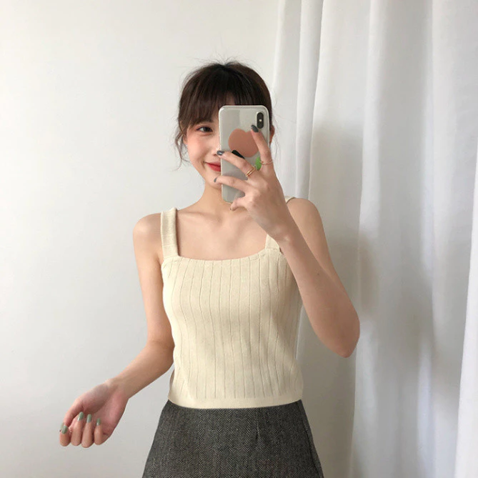 Áo hai dây ba lỗ INFLACHI len dệt kim hai dây màu trơn kiểu dáng Hàn Quốc nữ tính dễ phối đồ len tăm co dãn MN0923-052