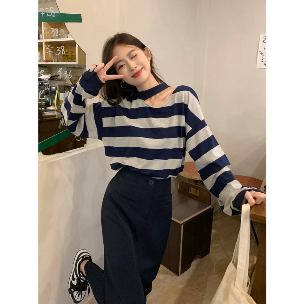 Áo len nữ dài tay dệt kim INFLACHI thiết kế cổ chocker xinh xắn họa tiết kẻ sọc ngang cá tính nổi bật  N008 D2-26 T11T4