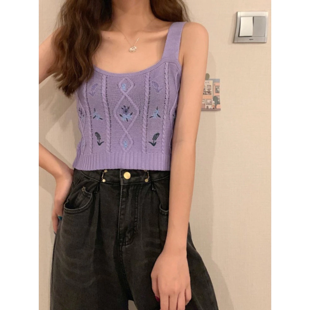 Áo len dệt kim 2 dây bản to croptop sexy kiểu Hàn Quốc phong cách Ulzzang nhiều màu ôm body thêu hoa Siêu Hot DK8T302