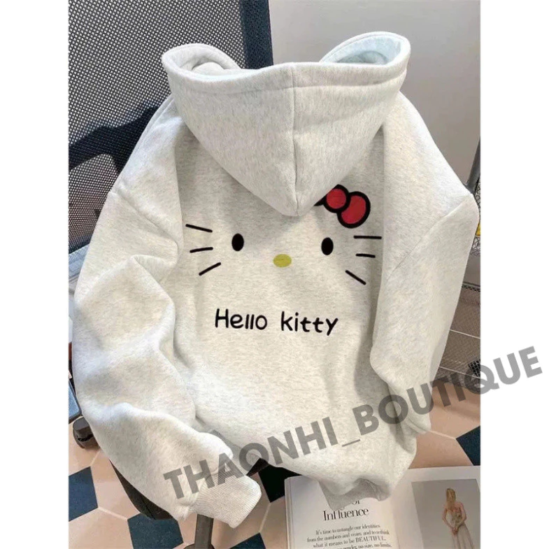 Áo Hoodie Hello Kitty Xám Oversize Form Rộng, Áo Khoác Hoodie Nữ Nam Dài Tay Ulzzang ( CÓ TÚI TRONG ) tt
