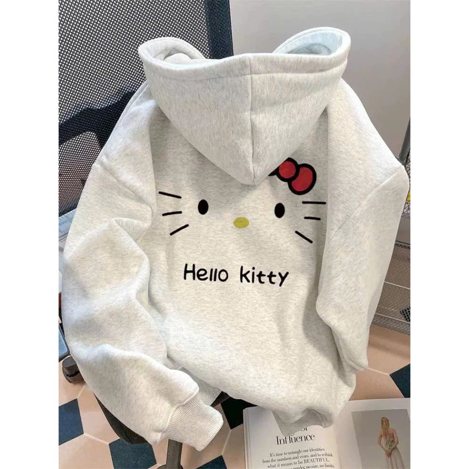 Áo Khoác Hoodie Zip Khóa Kéo/ Sweater Nữ HELLO KITTY Form Rộng Khóa Kéo Nón To 2 Lớp (Có Túi Trong) tt