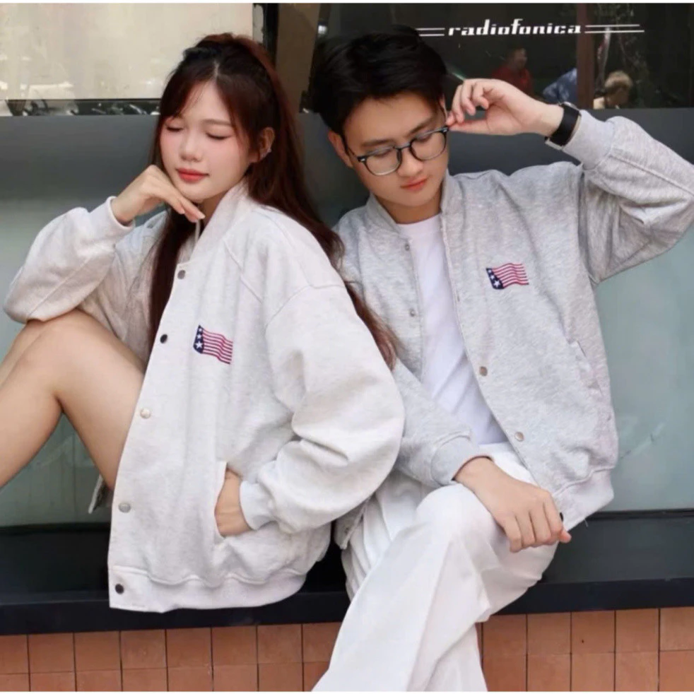[SALE] Áo Bomber unisex thêu cờ Mỹ trendy, chất nỉ cotton với cúc bấm, mẫu mới cực chất.