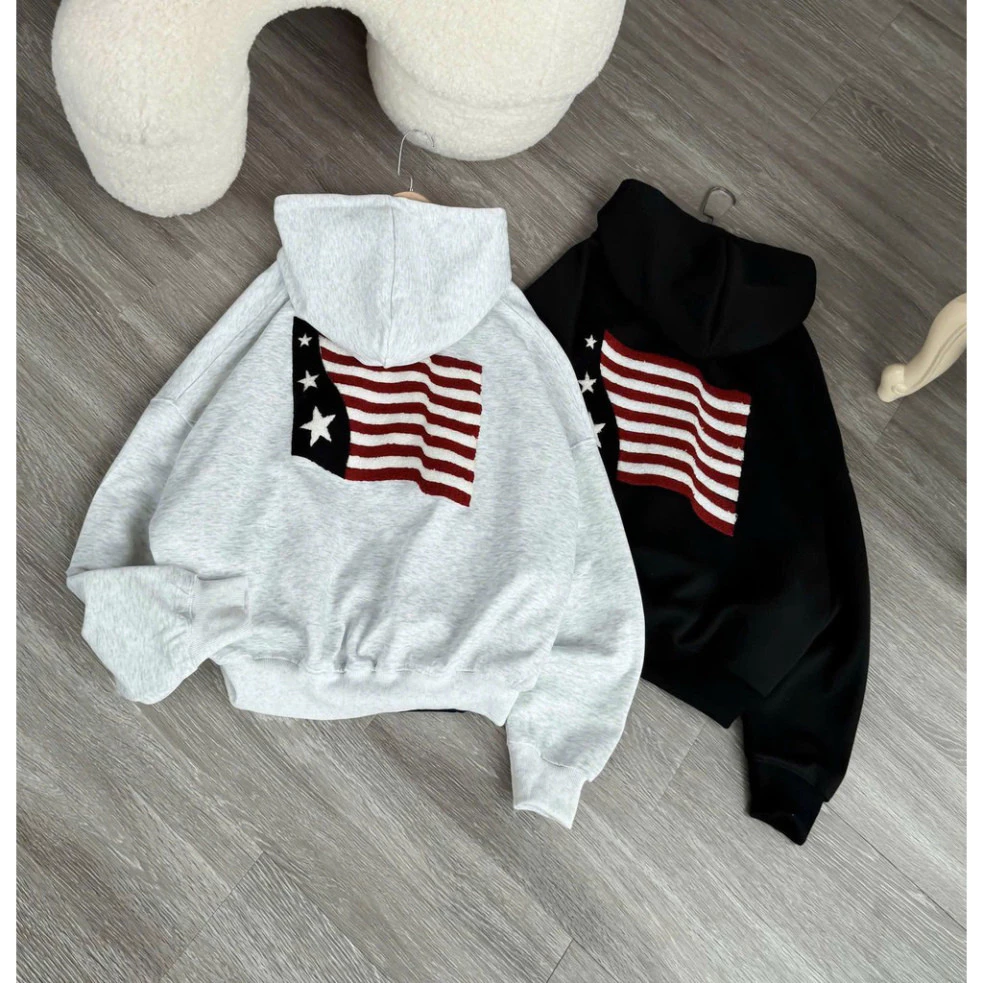 [SALE] Áo khoác nỉ unisex phong cách phồng tay, đa sắc màu - mẫu mới với họa tiết lá cờ Mỹ hot trend cho cả nam và nữ!