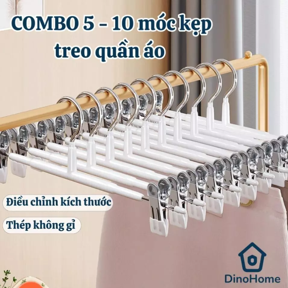 Combo móc kẹp quần áo chất liệu thép không gỉ chống trơn, móc kẹp quần, điều chỉnh chiều dài