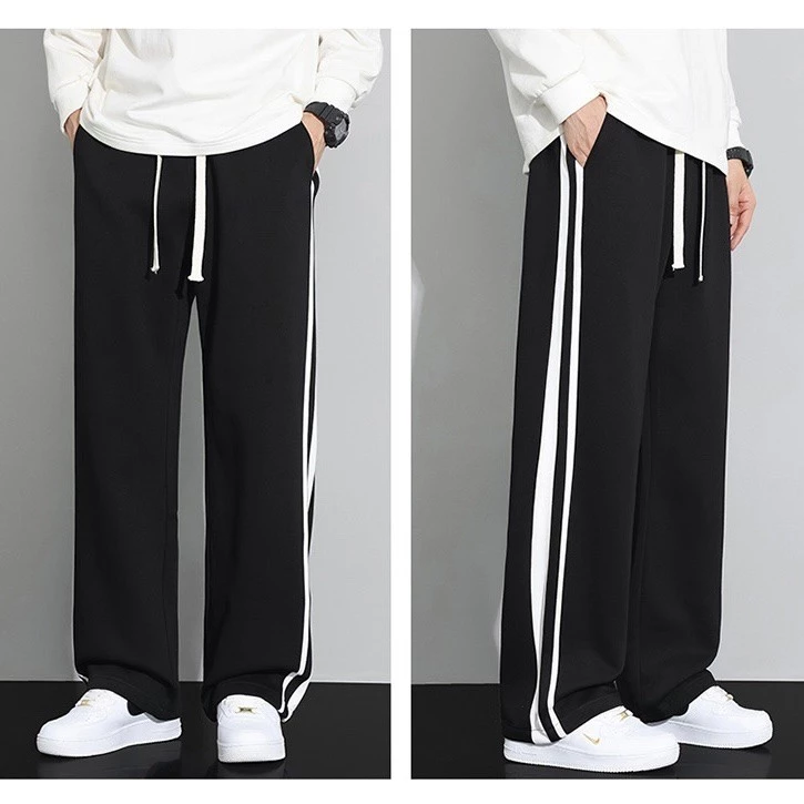 Quần ống rộng dáng suông unisex nam nữ cao cấp kẻ sọc Quần thể thao chất vải nỉ cotton dày chống nhăn không xù protex