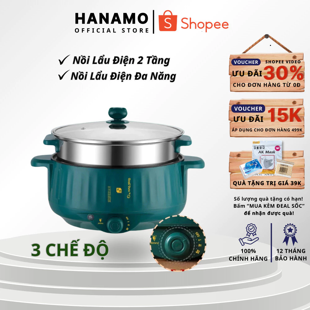 Nồi Lẩu Điện Đa Năng 28cm Chống Dính Cao Cấp Kèm Giá Hấp Inox Chiên, Xào, Hấp Công Suất 1000W