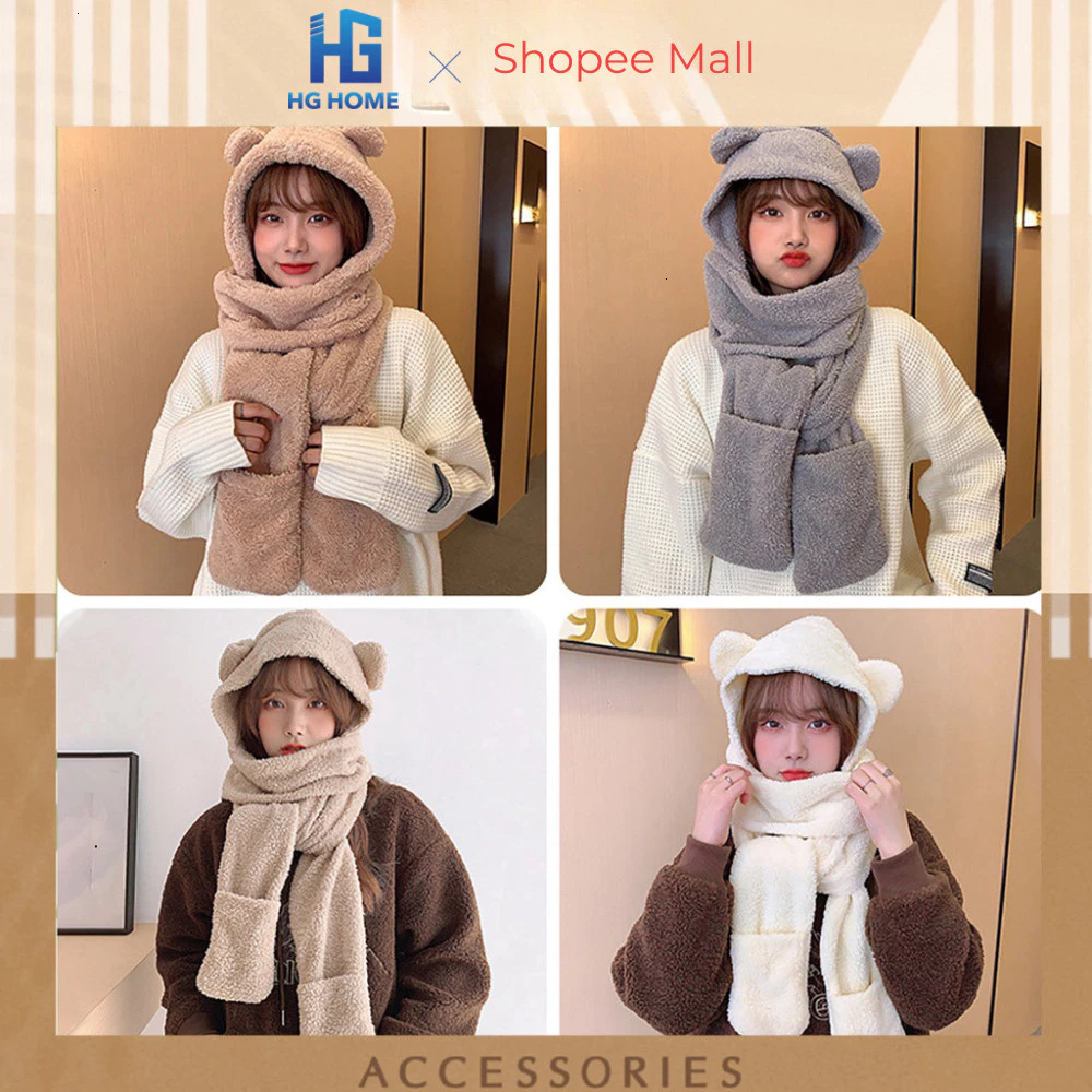 Mũ len lông cừu tai gấu kèm khăn quàng cổ kèm bao tay đa năng 3 trong 1 tiện dụng ấm áp HGHOME