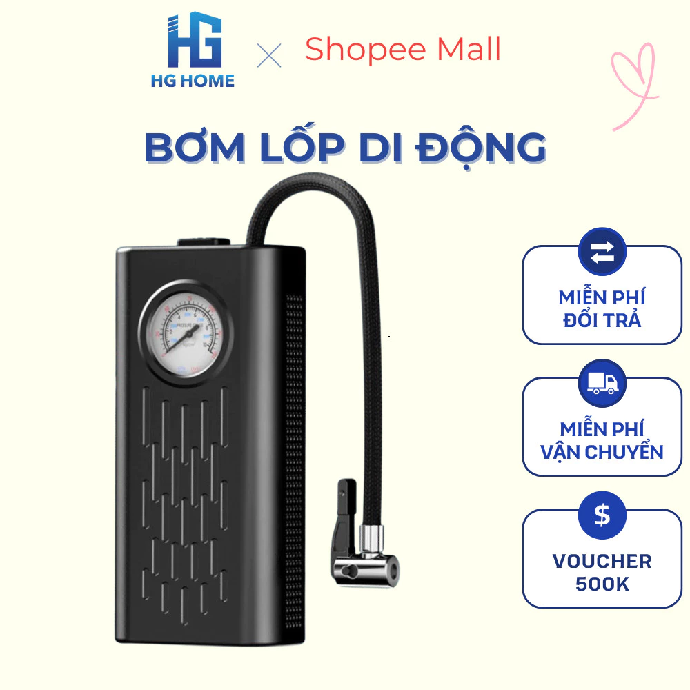 Máy bơm lốp ô tô không dây cầm tay sạc USB ngắt tự động, thiết kế nhỏ gọn công suất lớn HGHOME