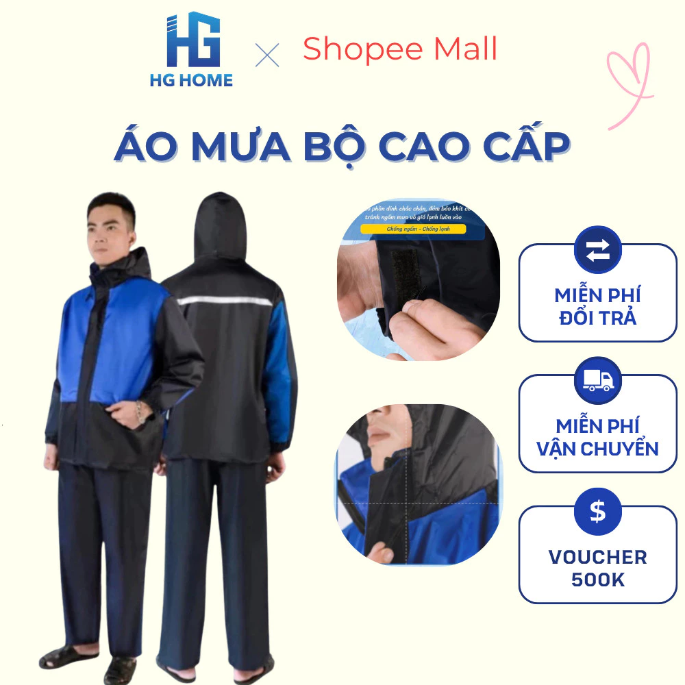 Áo Mưa Bộ Người Lớn Chất Liệu Vải Dù Cao Cấp Có Phản Quang Chống Thấm Tốt - HGHOME