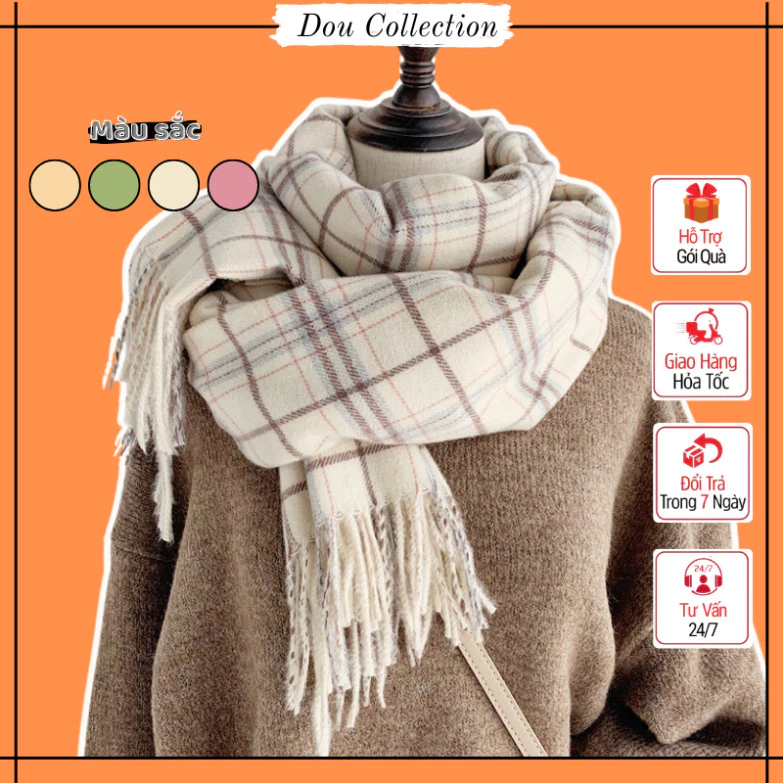 Khăn choàng cổ len unisex kiểu dáng hiện đại, hoạ tiết sọc caro phong cách thời trang thu đông - Mã LN090