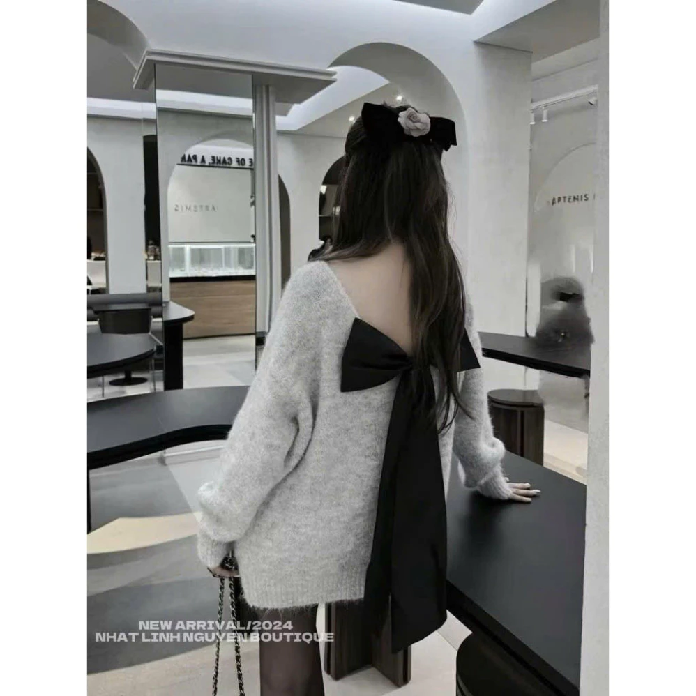 Áo len lông dày chất lượng cho người mập 60-85kg, thiết kế phối nơ phong cách thu đông.