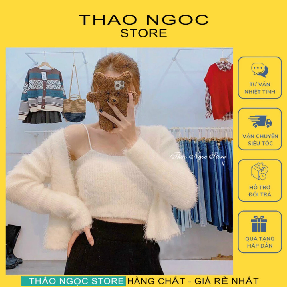 Bộ đồ len 2 dây kết hợp với áo khoác ngoài chuẩn QC! (Hàng có sẵn, hình thật) - THẢO NGỌC STORE.