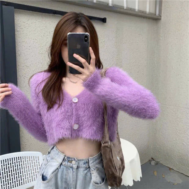 Áo khoác cardigan lông dài tay kiểu dáng croptop thời trang cho mùa thu đông