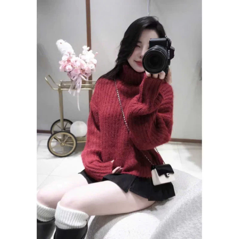 Áo Len Cổ Cao Nữ Tay Dài LOU BAE| (HÀNG QC) - Chất Liệu Len Lông Thỏ Mềm Mại