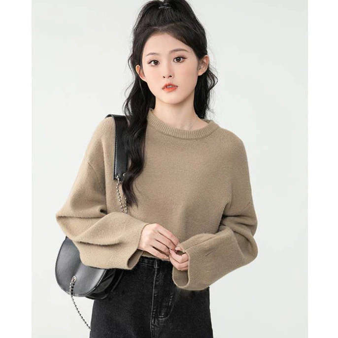 Áo croptop len Montoghi LONG THỎ - Dệt kim mềm mại, tay dài dễ thương, cổ tròn tinh tế - PnG