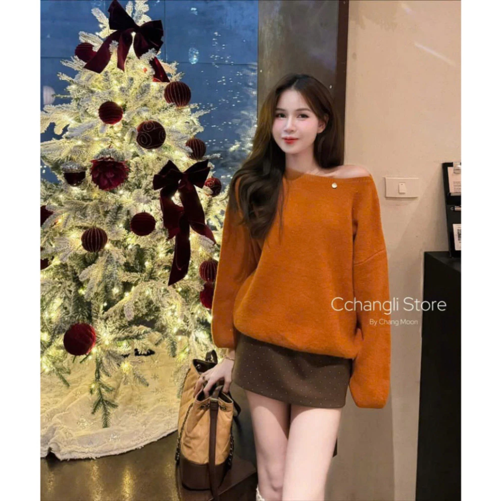 Áo Len Nữ Tay Dài Lệch Vai Chất Liệu Lông Thỏ - Freesize LOU BAE (Hàng Chất Lượng)