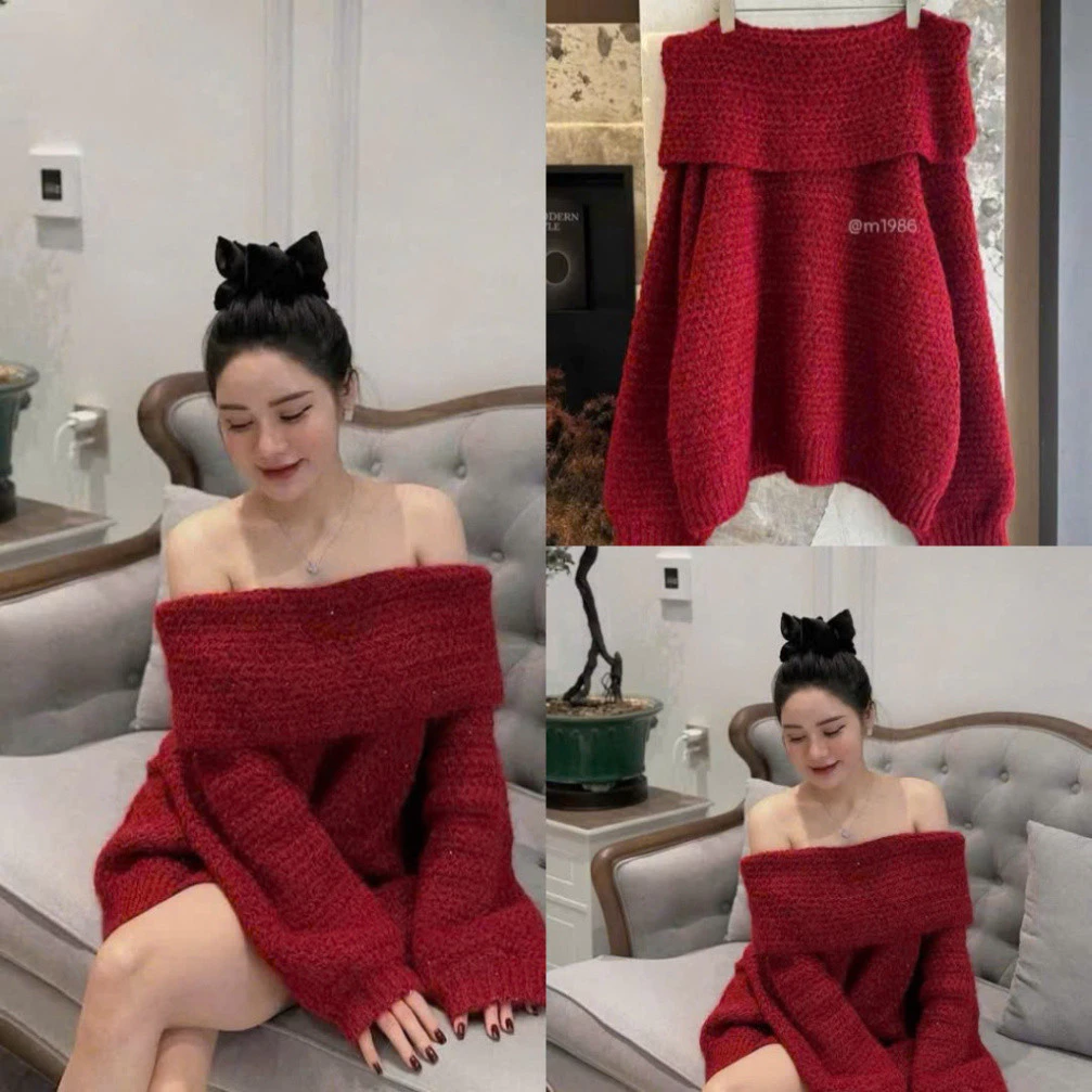 Áo Len Nữ Dáng Trễ Vai Tay Dài Chất liệu Lông Lưới - LOU BAE (Hàng QC)