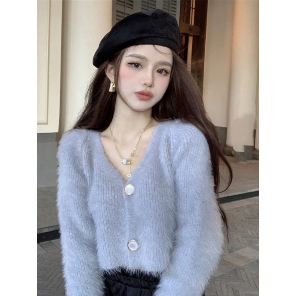"Áo Cardigan Len Lông Thỏ Trắng Cổ V, Sang Trọng & Mềm Mại - Ảnh Thật"