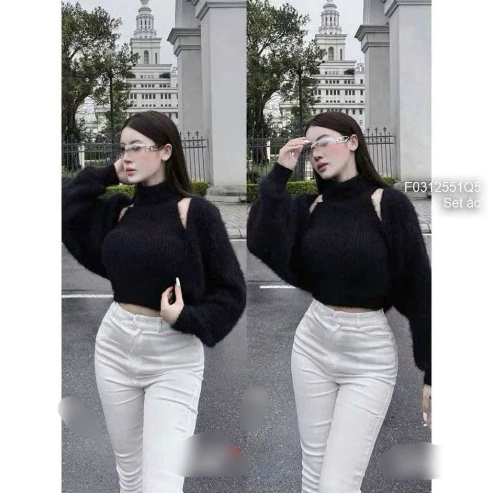 Bộ áo khoác len croptop và áo cổ lọ thanh lịch từ VIENS STORE