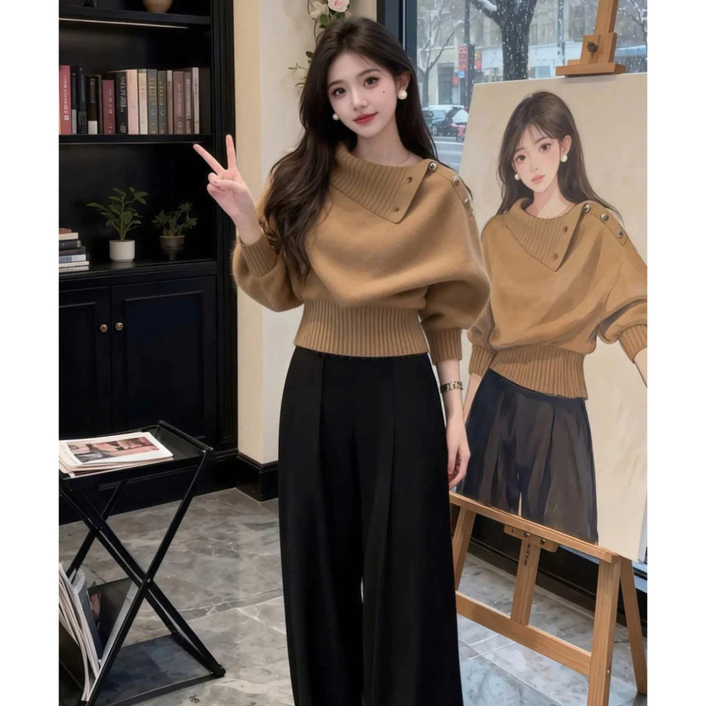 Áo Len Dài Tay Cổ Lật Nút Vai Thời Trang Cho Nữ Dưới 60kg - Huyền Thanh Shop (Có Sẵn)