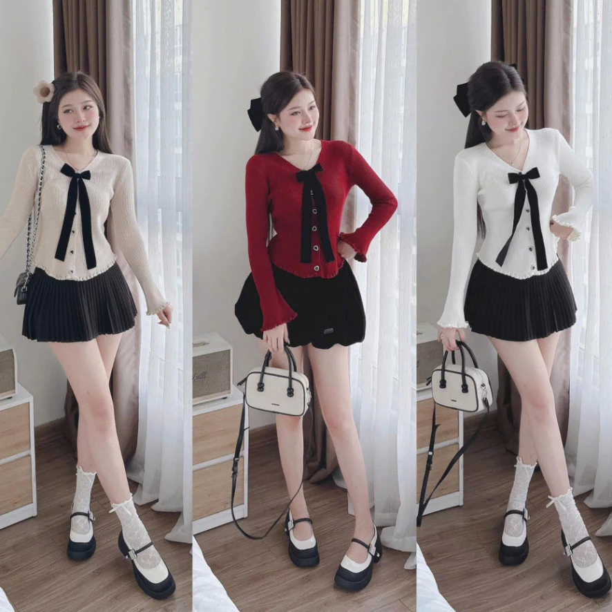 Áo kiểu nữ lông thỏ với nơ nhung, tay loe và cổ chữ V thanh lịch
