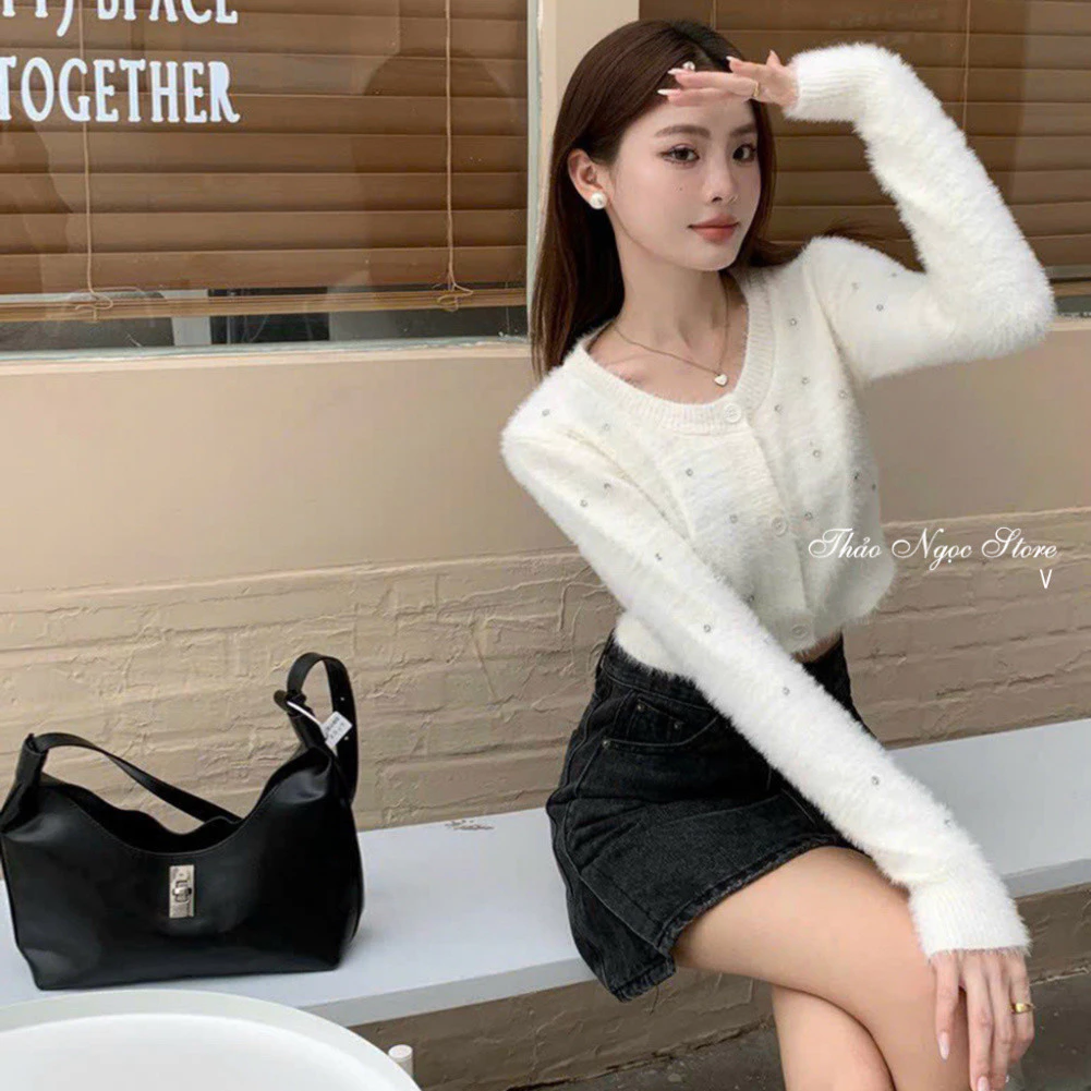 Áo croptop tay dài nữ len lông thỏ cổ tròn, đá tinh tế - Thảo Ngọc Store!