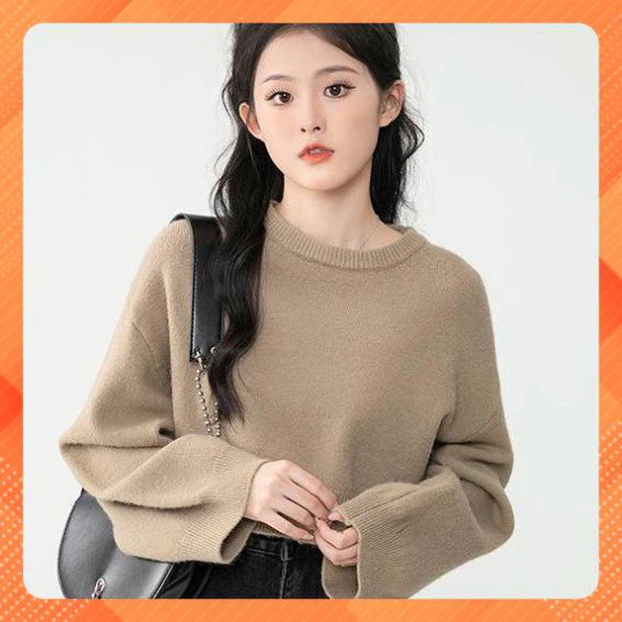 Áo Croptop len thun Montoghi nữ dệt kim, cổ tròn lông thỏ tay dài - Kholenqc