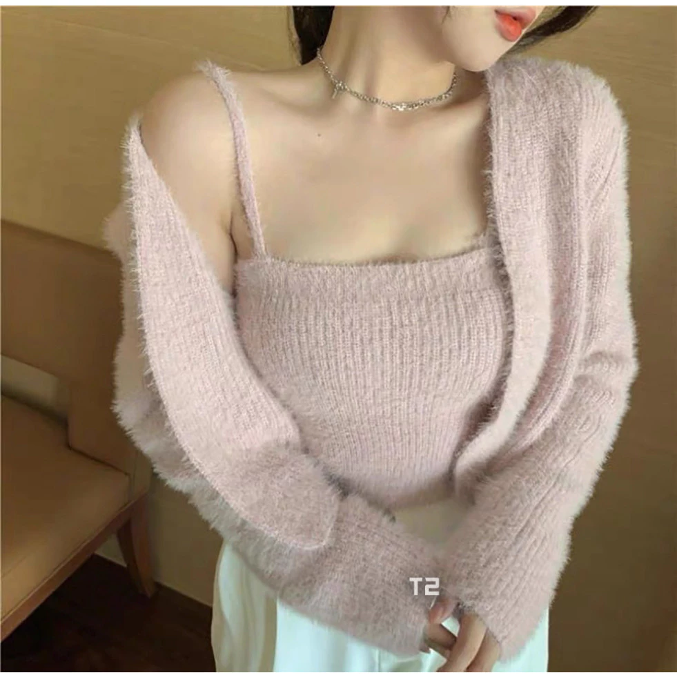Bộ đôi áo len hai dây lông thỏ kèm áo khoác dài nhập khẩu chất lượng | A&JEAN STORE