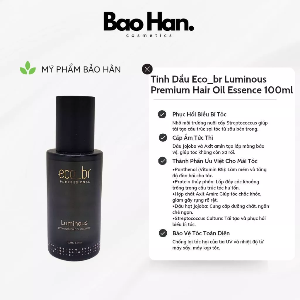TINH DẦU ECOBR LUMINOUS PREMIUM HAIR OIL ESSENCE 100ml-SERUM PHỤC HỒI TÓC KHÔ XƠ,CHẺ NGỌN,DƯỠNG TÓC CHUYÊN SÂU