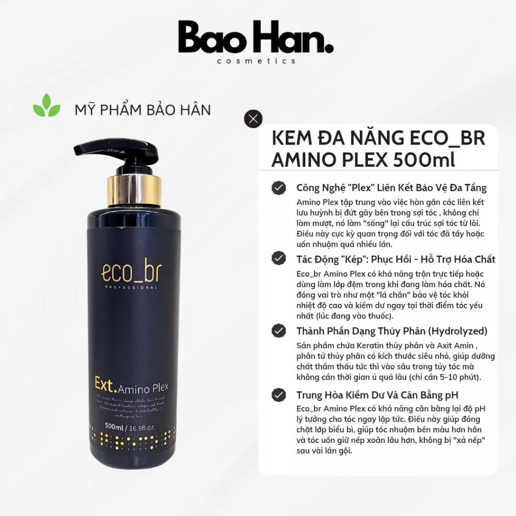 KEM ĐA NĂNG HỖ TRỢ UỐN NHUỘM ECOBR AMINO PLEX - BẢO VỆ TÓC KHỎI NHIỆT & HÓA CHẤT, TÁI TẠO CẤU TRÚC, NGĂN GÃY RỤNG 500ml