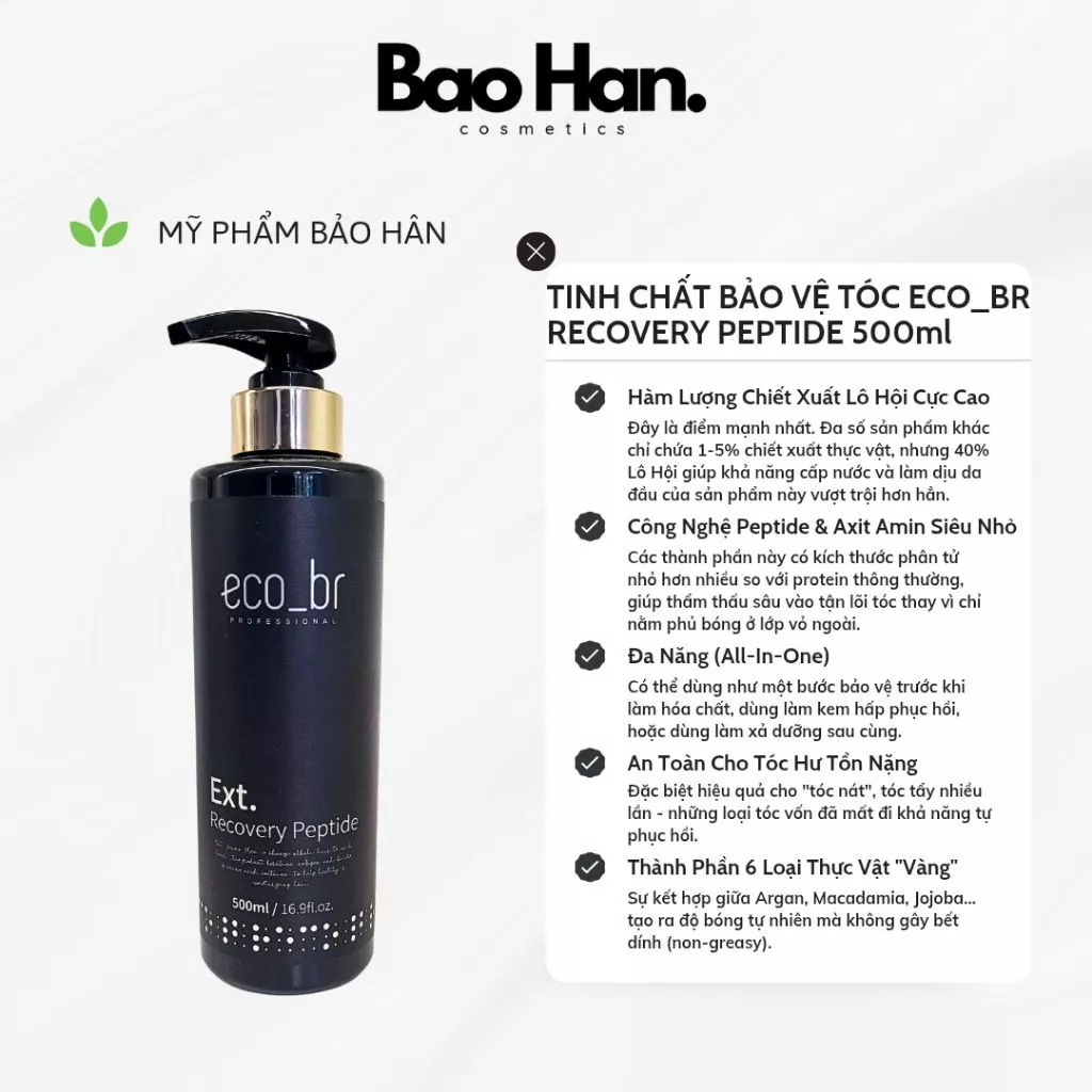 TINH CHẤT BẢO VỆ TÓC ECOBR RECOVERY PEPTIDE KHỬ KIỀM CHỐNG NHIỆT KHI UỐN DUỖI NHUỘM CHUYÊN SÂU TÓC HƯ TỔN TÓC TẨY 500ml