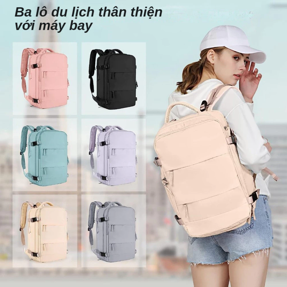 Balo du lịch chống nước rộng rãi, nhiều ngăn tiện lợi và đựng giày, tích hợp cổng sạc USB.