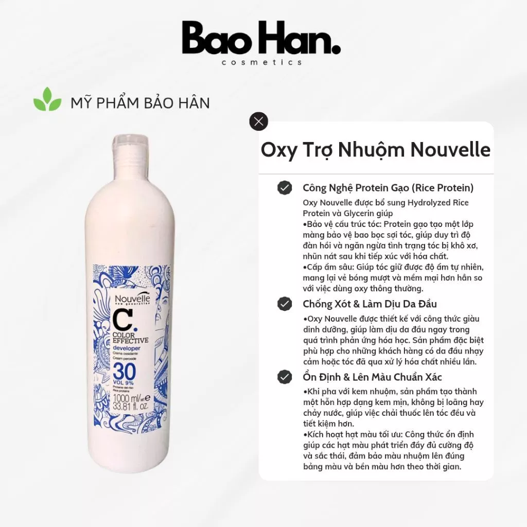 OXY TRỢ NHUỘM NOUVELLE 1000ml - CHIẾT XUẤT PROTEIN GẠO BẢO VỆ TÓC , NHUỘM HẠ TÔNG , PHỦ BẠC AN TOÀN , CHỐNG XÓT (ITALY)