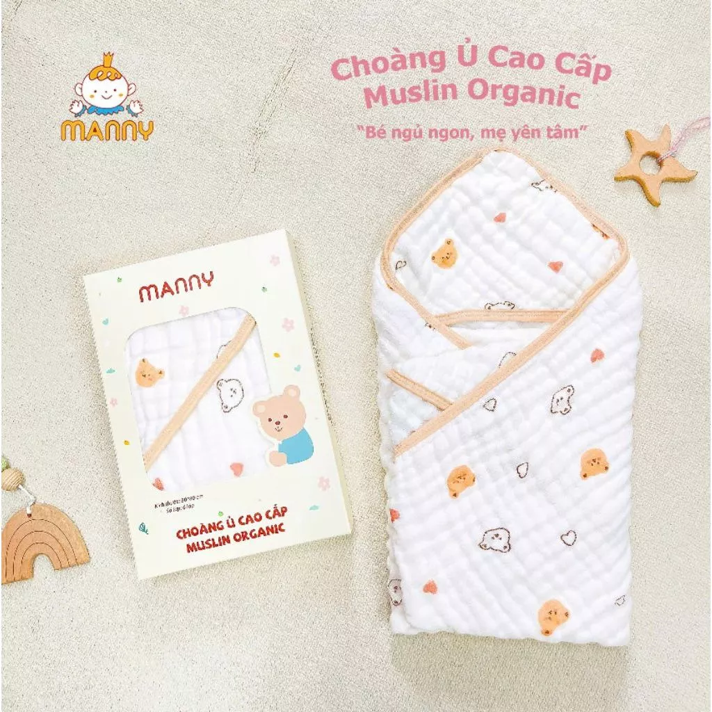 Ủ Choàng Cao Cấp Muslin Organic 6 Lớp MANNY Mềm Mại, Thấm Hút Tốt Dùng Ủ, Choàng Tắm Cho Bé