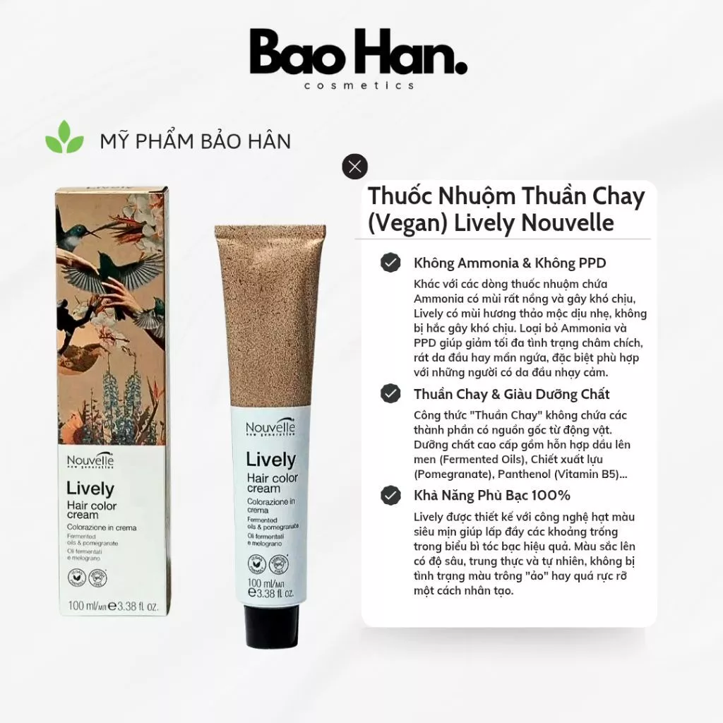THUỐC NHUỘM TÓC THUẦN CHAY (VEGAN) LIVELY NOUVELLE 100ml-KHÔNG AMMONIA & PPD , PHỦ BẠC 100% , KHÔNG MÙI , KHÔNG XÓT RÁT