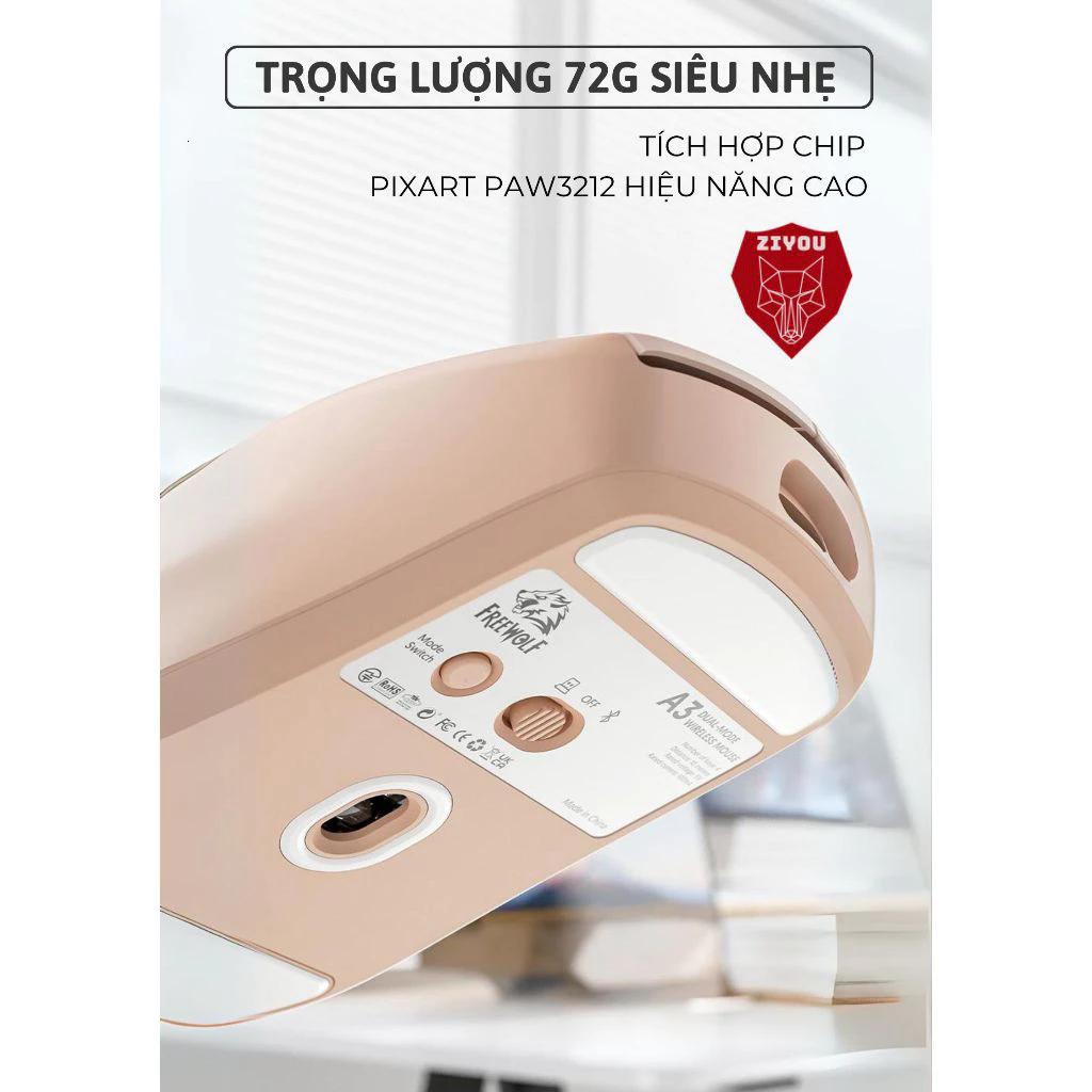Chuột Bluetooth Không Dây Ziyou Free Wolf A3 Chip PAW3212 Siêu Mượt Dùng Văn Phòng, Chơi Game .
