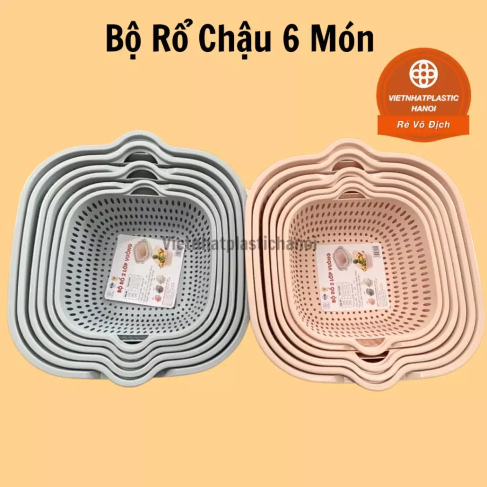 (Xuất VAT) Bộ Rổ Chậu 6 món Ráo Nước 2 Lớp Cao Cấp Tiện Lợi,Rổ Đựng Rau, Hoa Quả, Nhựa PP Siêu Cứng,3288/89/90
