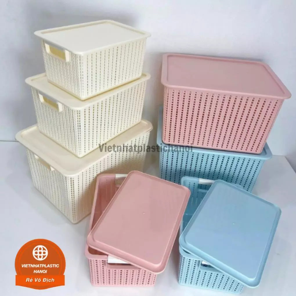 (Xuất VAT) Rổ đan mây nhựa đựng đồ đa năng Việt Nhật, Giỏ đan đựng dụng cụ nhà bếp, quần áo gọn gàng-3415