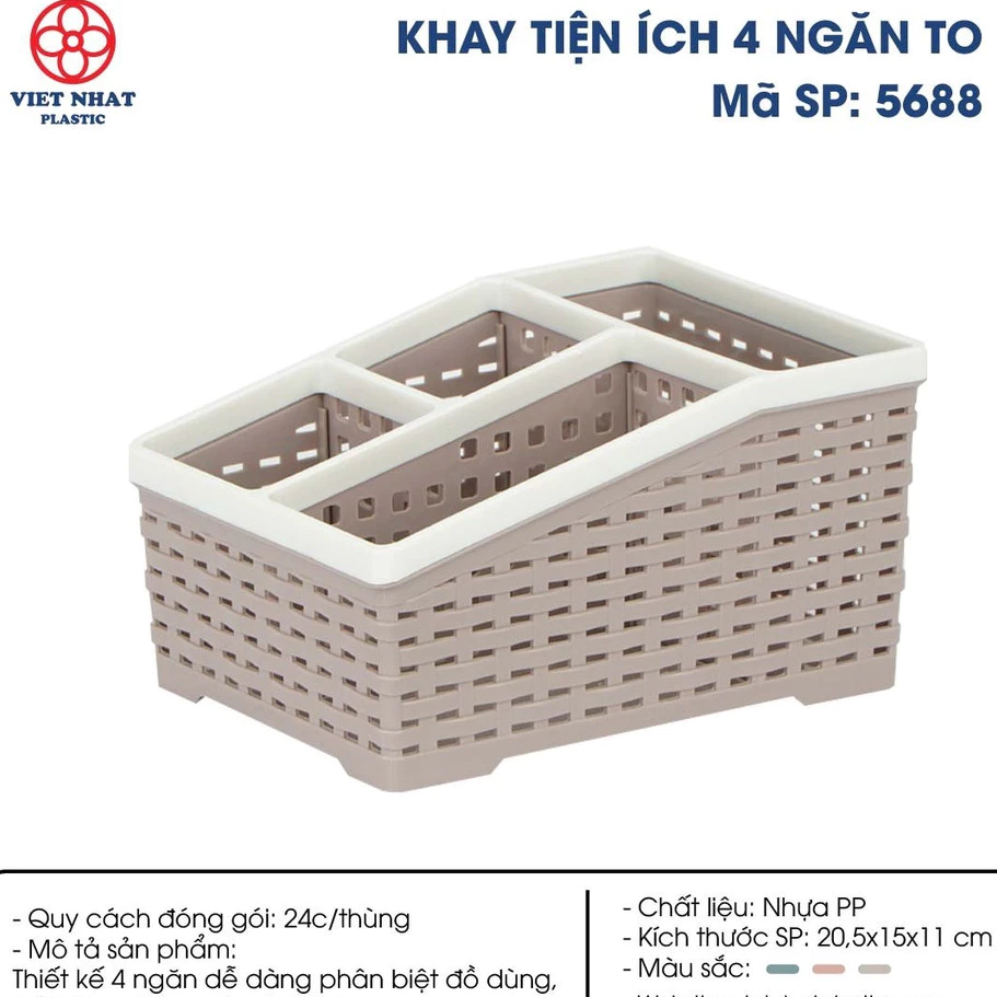 (Xuất VAT) Khay nhựa tiện ích 4 ngăn TO Việt Nhật, khay 4 ngăn để bàn đựng bút, đồ dùng đa năng- 5688